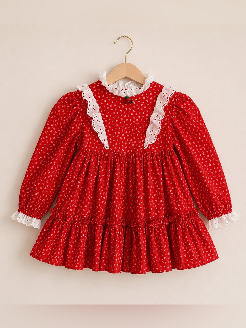 Red Floral Eyelet Trim Girls Dress